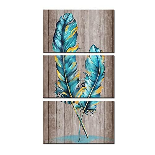 Kreative Arts Blue Feathers Abstract Paintings Wall Art on Canvas Mordern Canvas Prints Rustic Posters Farmhouse Decor Contemporary Artwork for Living Room Bedroom Home Decorations 12x20inchx3pcs