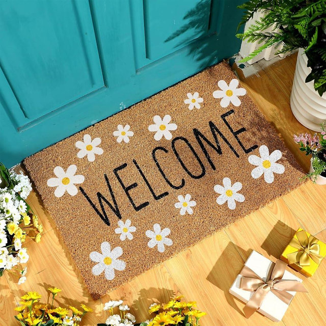 Ceenna Spring Easter Coir Doormat Outdoor Summer 4th of July Rugs Non Slip Tulip Flowers Bunny Welcome Doormats for Front Porch Outdoor Entryway,16 x 28 Inches(White Flower)