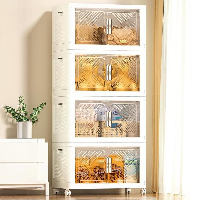 pioncrey Storage Bins with Lid 76QT, Stackable Storage Containers with Wheels and Magnetic Doors, Plastic Clothes Closet Organizers and Storage Box for Pantry, Home and Office (4 Pack)