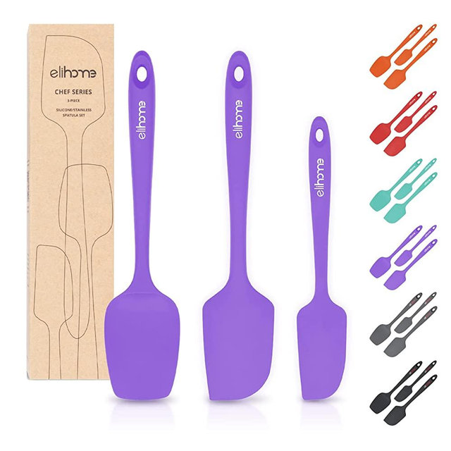 Elihome Chef Series 3 Piece Silicone Spatula Set - 600°F Heat Resistant Non Stick Rubber Kitchen Scraper Spatulas for Cooking, Baking, and Mixing – BPA Free and LFGB Certified Silicone (Peri Purple)