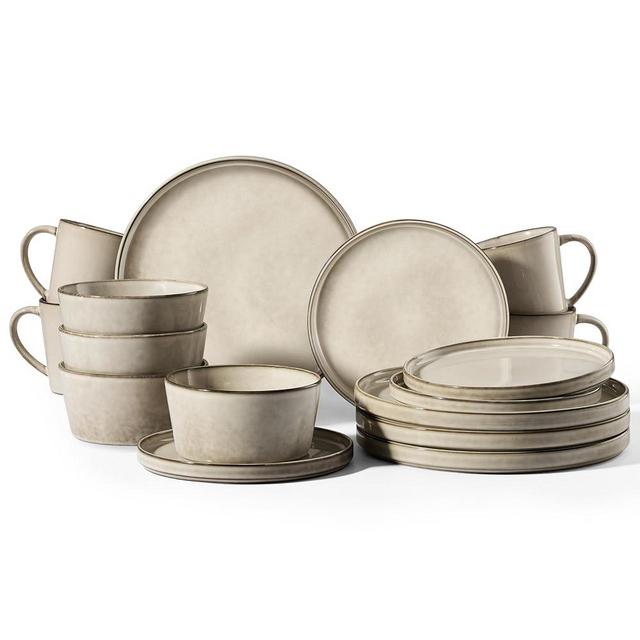 HaWare Dinnerware Sets, 16-Piece Stoneware Dinner Plates and Bowls for 4, Reactive Glaze Dishes Mug, Chip & Scratch Resistant, Microwave & Dishwasher Safe - Reactive Khaki