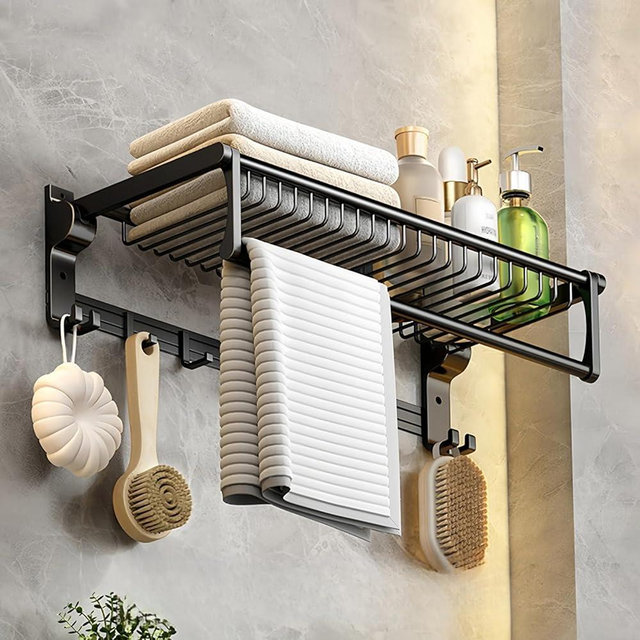 Towel Rack with Towel Bar for Bathroom Lavatory 24-Inch, Foldable Bath Sheet Towel Holder with Basket, Towel Shelf Towel Storage Wall Mount, Towel Hanger with Movable Hook, Matte Black