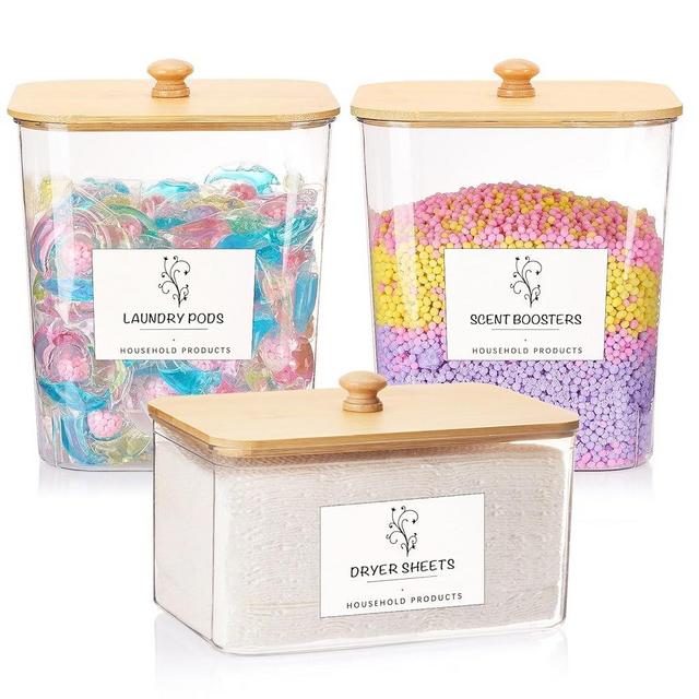 Tbestmax 3 Pack Laundry Room Organization Storage Containers, Clear Laundry Pod Containers and Dryer Sheet Holder Set with Lids and Labels for Detergent, Powder, Dryer Balls, Beads