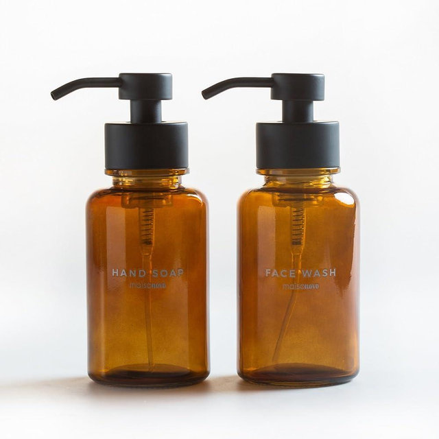 MaisoNovo Foaming Soap Dispenser Waterproof Hand Soap & Face Wash Labels | Foaming Hand Soap Dispenser for Bathroom Countertop | Foam Soap Dispenser Amber Bottle 14oz