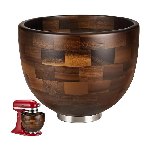 Premium Walnut Wood Mixing Bowl, Compatible with KitchenAid 4.5 & 5 QT Tilt-Head Mixers, Natural True Walnut Wooden Bowl with Stainless Steel Locking Base, 5QT (9.4")