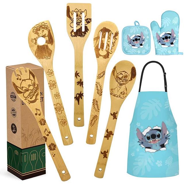 Christmas Gift for Women Mom Birthday Gift Wooden Spoons for Cooking Bamboo Kitchen Cooking Utensils Set with Apron Oven Mitt Potholder Set - Great Mother's Day Gift Housewarming Wedding Present