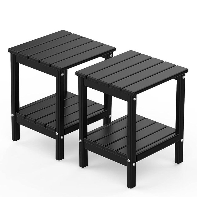 GREENVINES Adirondack Outdoor Side Table Set of 2, 14’’ x 13’’ HDPE Plastic All Weather End Tables with Storage Shelf for Poolside Indoor Outside Front Porch Living Room Patio Backyard, Black