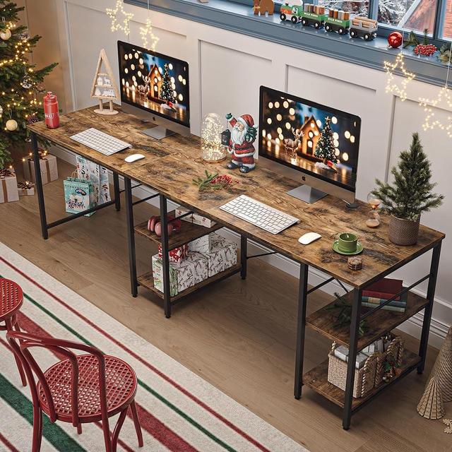 Bestier L Shaped Desk, 95.2 Inch Reversible Corner Computer Desk with Shelves, 2 Person Long Table for Home Office, Large Writing Storage Workstation with 3 Cable Holes, Rustic Brown