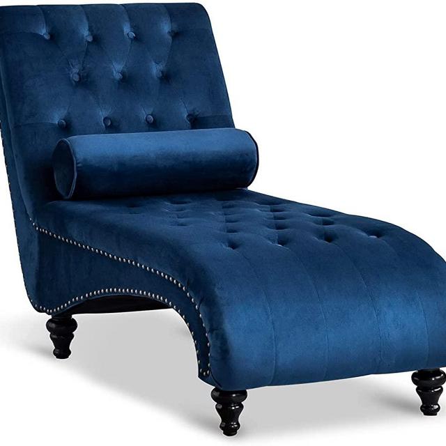 Paddie Velvet Button-Tufted Chaise Lounge Chair Leisure Sofa Couch w/Bolster Pillow, Nailhead Trim and Turned Legs for Indoor Living Room (Blue)