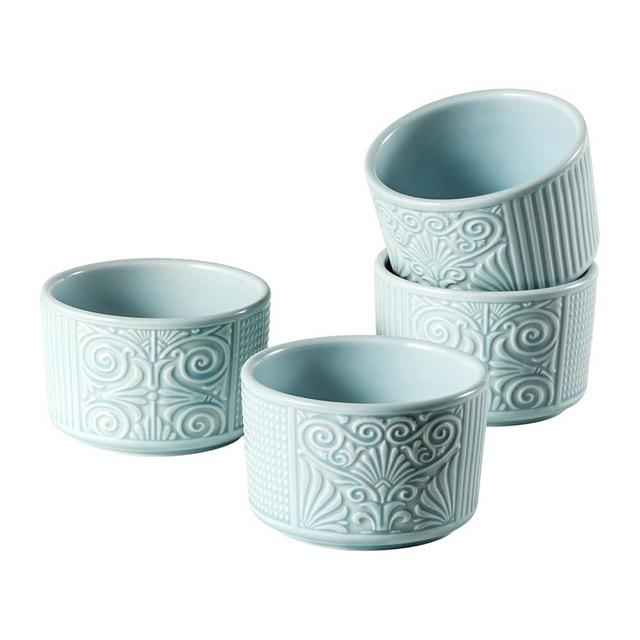 Bonquicken Ramekins 10 OZ, Embossed Ramekins for Creme Brulee, Lava Cake, Pudding, Souffle, Ceramic Custard Cups for Baking, Dishwasher and Oven Safe, Set of 4, Light Sky Blue