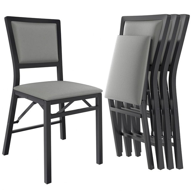 VECELO Folding Chairs Set of 4 with Cushion, Foldable Padded Seats with Heavy Duty Metal Frame for Kitchen/Dining/Living Room, No Assembly & Space Saving Design, Grey