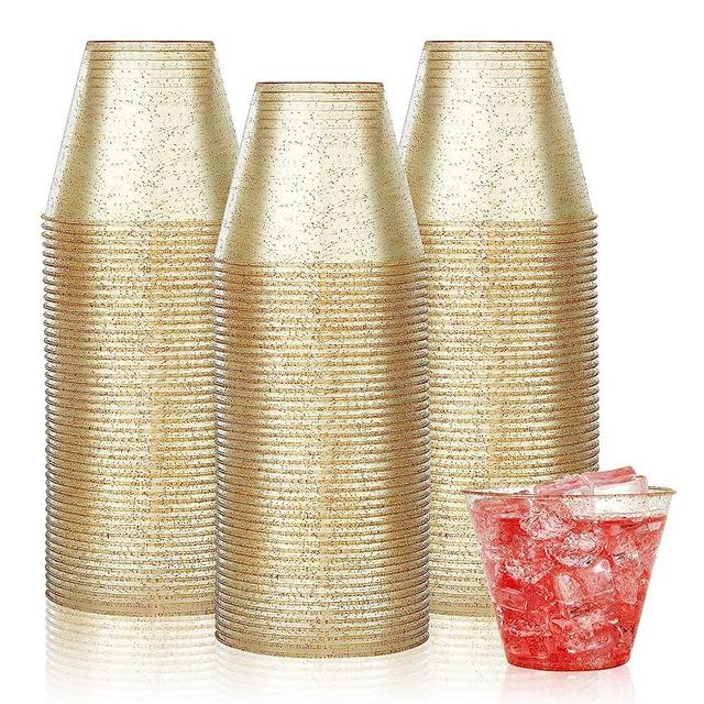 Vplus 150 Pack 9 OZ Gold Glitter Plastic Cups, Hard Gold Plastic Cups, Bulk Gold Disposable Plastic Cups for Wedding, Thanksgiving, Halloween, Christmas Party