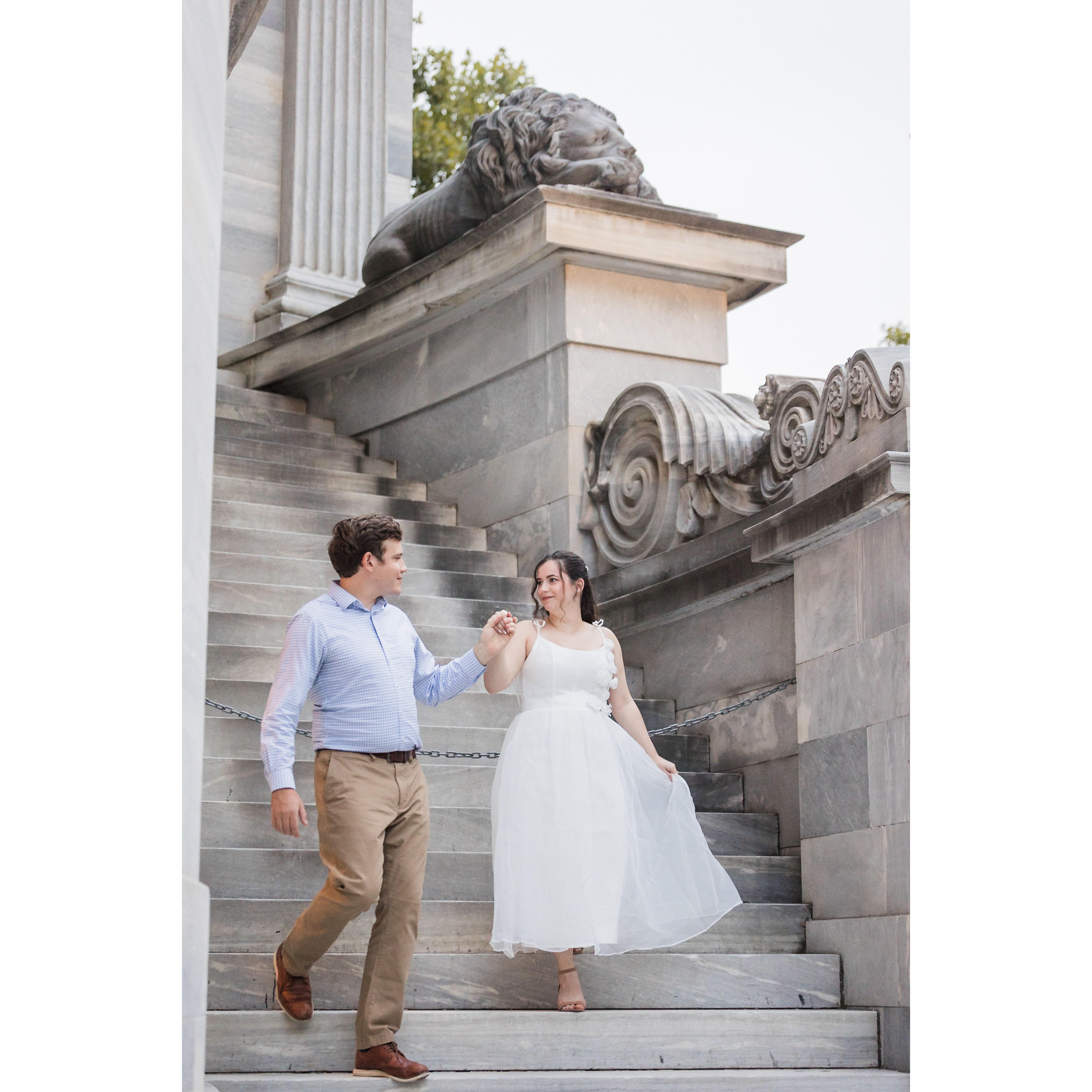Engagement photos at the Merchant Exchange Building in Philadelphia