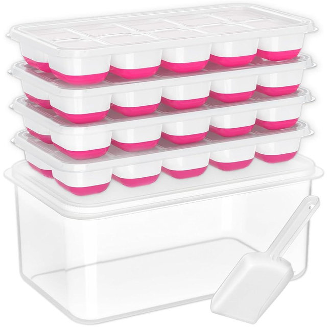 DOQAUS Ice Cube Tray with Lid and Bin, 4 Pack Silicone Plastic Ice Cubes Trays for Freezer with Box/Container, Stackable with Storage Iced Bucket Kits, Scoop, for Baby Food, Cocktail, Coffee