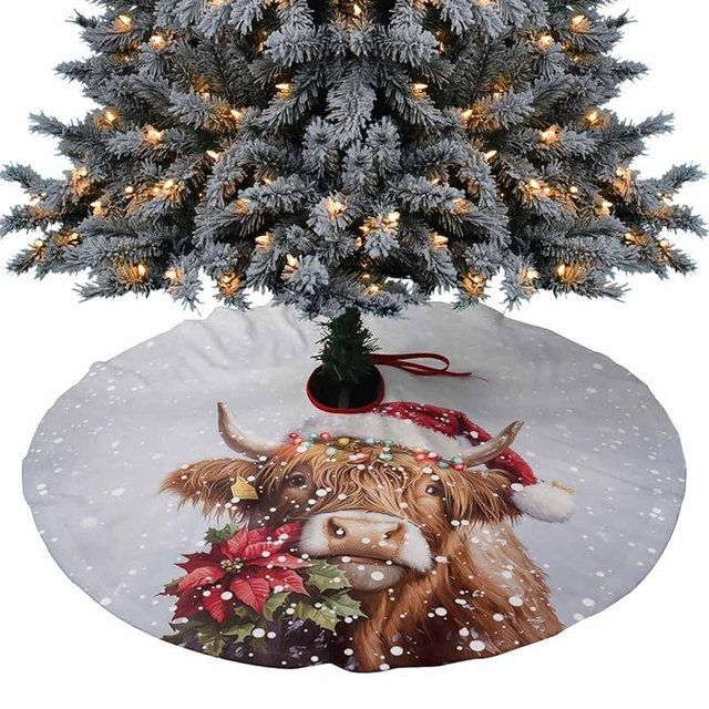 Christmas Tree Skirt Highland Cow Poinsettia Christmas Tree Decorations Winter Snowy Xmas Holiday Home Party Decorations 36 Inches