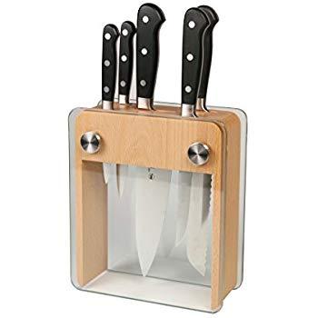 Mercer Culinary Genesis 6-Piece Forged Knife Block Set, Wood Block with Tempered Glass