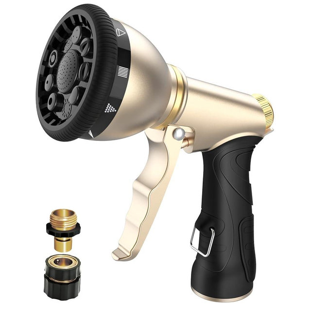 Qxiaozhan Heavy Duty Hose Nozzle, 9-IN-1 Spray Patterns, Spray Nozzles for Garden Hose with Metal Trigger & Lock Bar, 3/4" Thread & Connection Adapter, Suit for Watering Plants, Lawn, Car, Outdoor Pet