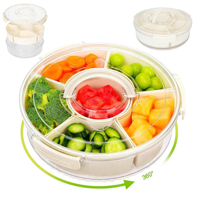 Dayacoco Rotating Divided Serving Tray with Lid and Handle, Snack Tray with Lid for Fruits Snacks Veggie Charcuterie Cheese – Portable for Picnic Travel Party Camping(1PCS, 12" L)