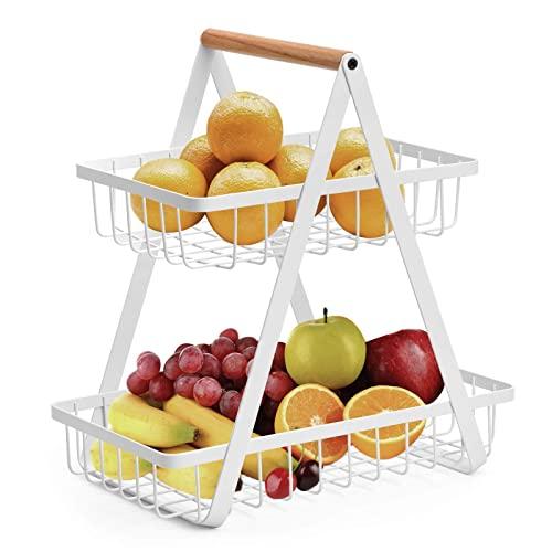 2-Tier Fruit Basket, Metal Fruit Bowl Bread Baskets Countertop Vegatable Storage Stand for Kitchen, White