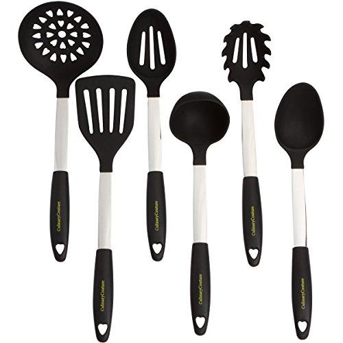 Stainless Steel & Silicone Cooking Utensil Set - Heat Resistant Professional Kitchen Tools - Spatula, Mixing & Slotted Spoon, Ladle, Pasta Fork Server, Drainer - Bonus Ebook! (Black)