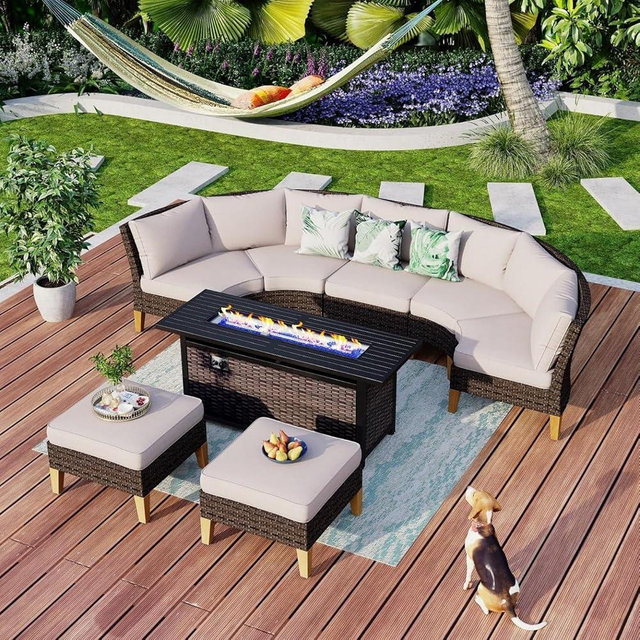 MFSTUDIO 8 Pieces Wicker Patio Furniture Set with 56" Fire Pit Table, All-Weather Rattan Half-Moon Patio Conversation Set Sectional Sofa, 4 x Curved Sofa, 1 x Armless Sofa, 2 x Ottoman(Beige Cushion)