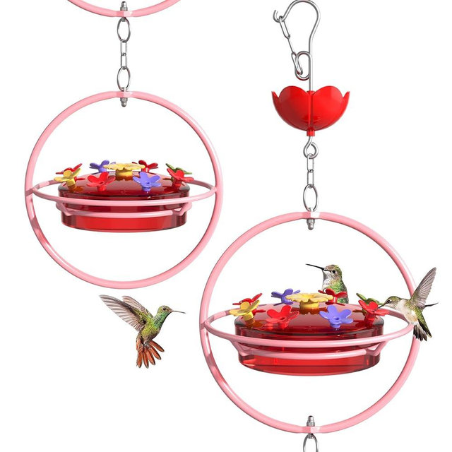 2 Pack Hummingbird Feeder for Outdoor Hanging - Wide Mouth Nectar Bird Feeder, Built-in Ant Moat & Easy-Refill Top, Garden Backyard Décor - Pink Metal Frame