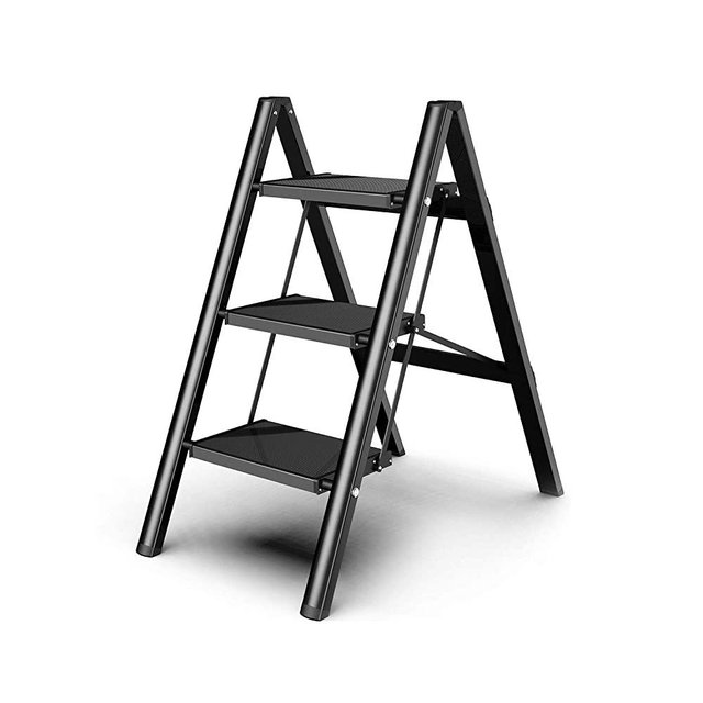 SOLADDER 3 Steps Stool Ladder, Anti-Slip Folding Step Stool Aluminum Lightweight with Wide Pedal for Home and Kitchen Use, Space Saving - Black (330 lbs)