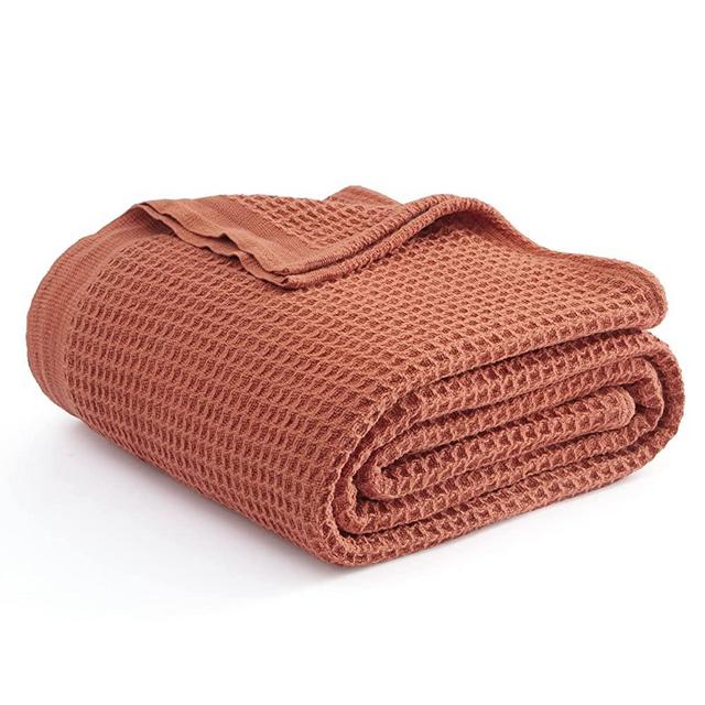 Bedsure 100% Cotton Blankets King Size for Bed - 405GSM Waffle Weave Blankets for Summer, Cozy and Warm, Orange Soft Lightweight Woven Blankets for All Seasons, 104x90 inches