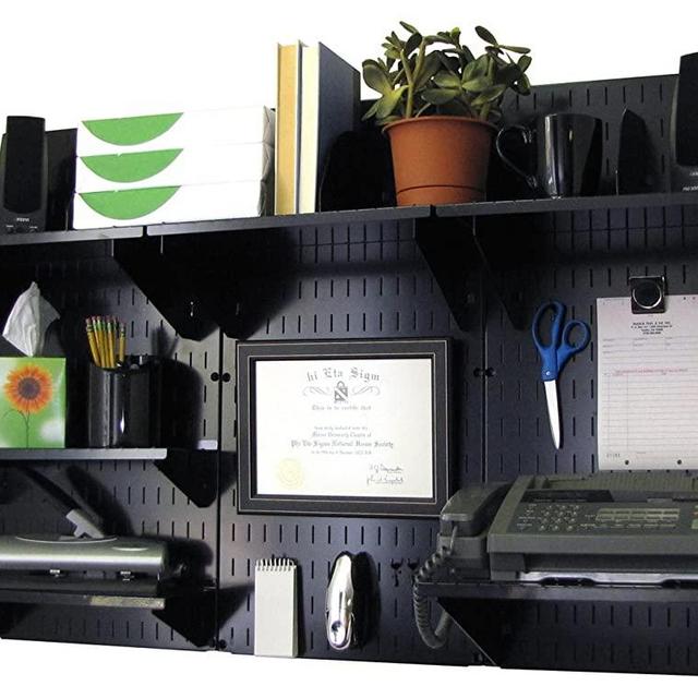 Wall Control Office Organizer Unit Wall Mounted Office Desk Storage and Organization Kit Black Wall Panels and Black Accessories