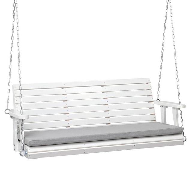 VINGLI Heavy Duty 880 LBS Patio Wooden Porch Swing Outdoor with Extra Cushion, Farmhouse Hanging Bench Tree Swing with Adjustable Chains for Yard | Garden | Lawn | Balcony (5 FT, White)