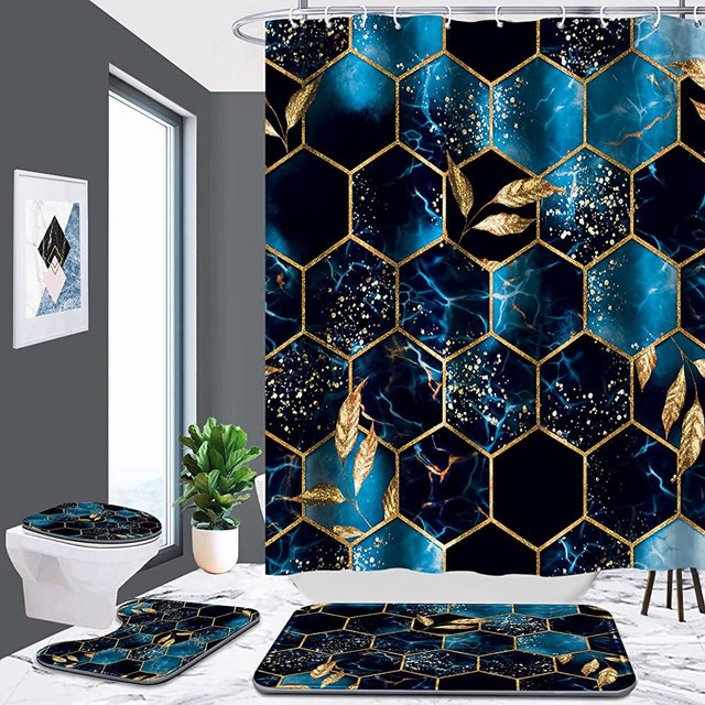 Poedist 4 Pcs Bathroom Shower Curtain Set,Bathroom Sets with Rugs(Bath Mat,U Shape and Toilet Lid Cover Mat) and 12 Hooks,Sky Blue Honeycomb Marble