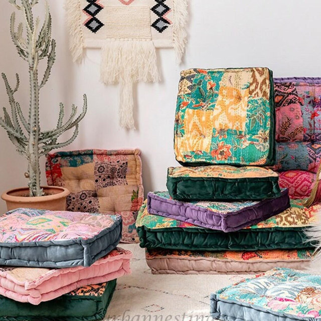 Kantha Floor Cushion throw pillow seat pad Window seat cushion Vintage Patchwork floor pillow sofa Cushion Velvet French Tufted Cushion