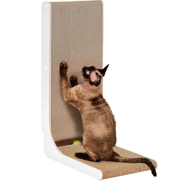 EHEYCIGA Cardboard Cat Scratcher for Indoor Cats, 26.8 Inch L Shaped Vertical Cat Scratching Board with Ball Cat Toy, Large Cat Scratcher Pad, White