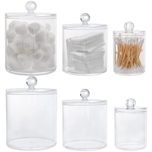 YOUEON 6 Pack Acrylic Cotton Ball Holder with Lid, 8 Oz / 18 Oz / 28 Oz Clear Q-tips Dispenser Bathroom Storage Canister, Apothecary Jars for Organizing Cotton Swab, Cotton Pads, Makeup, Desk