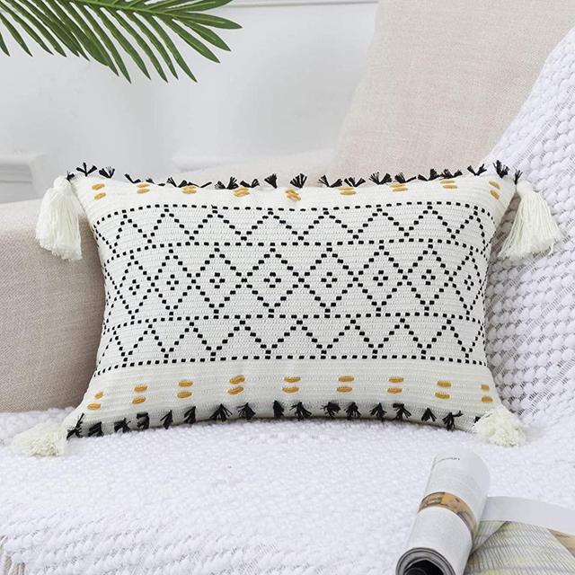PANOD Knitted Boho Throw Pillow Covers,Natural Cotton Hand-Woven Tufted Decorative Tassel Hug Lumbar Pillowcase for Couch Sofa Bedroom Living Room Farmhouse,12x20 inch Black
