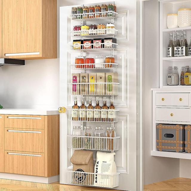 Moforoco Over the Door Pantry Organizer with 8-Tier Adjustable Baskets, Easy to Install Metal Door Shelf Frame Pantry Organization and Storage, Home & Kitchen Spice Rack Organizer for Cabinet（White）