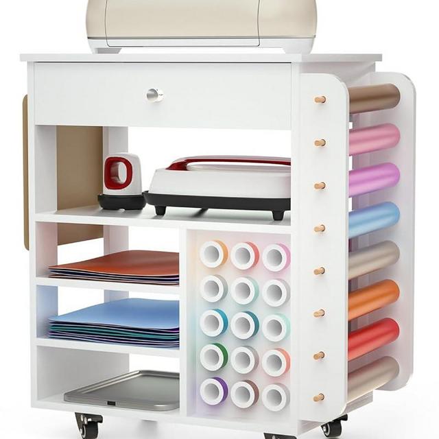 Rolling Craft Cart and Storage Table for Cricut - VDamu Vinyl Roll Holder and Craft Room Organizer