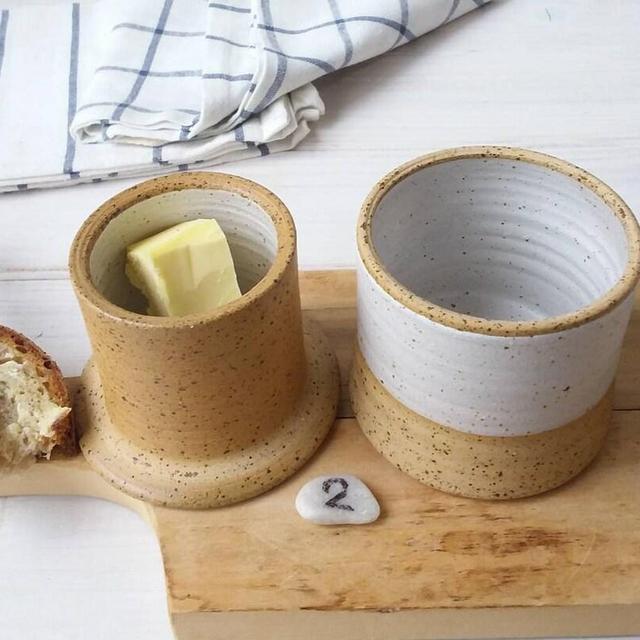 Stoneware French Butter Crock, Rustic White Butter Keeper, Speckled Mustard Colored French Butter Crock