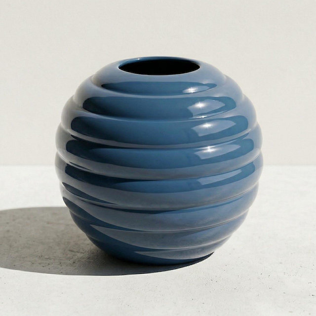 Postmodern Ribbed Blue Sphere Vase by Pottery Craft