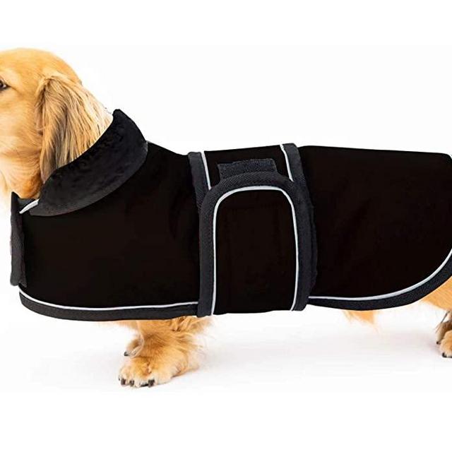 Geyecete Shower Waterproof Dachshund Dog Coat, Dog Winter Coat with Warm Fleece Lining, Outdoor Dog Apparel with Adjustable Bands for Medium, Large Dog -Black-S