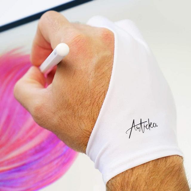 Articka Artist Glove for Drawing Tablet, iPad (Smudge Guard, Two-Finger, Reduces Friction, Elastic Lycra, Good for Right and Left Hand) White (Small)