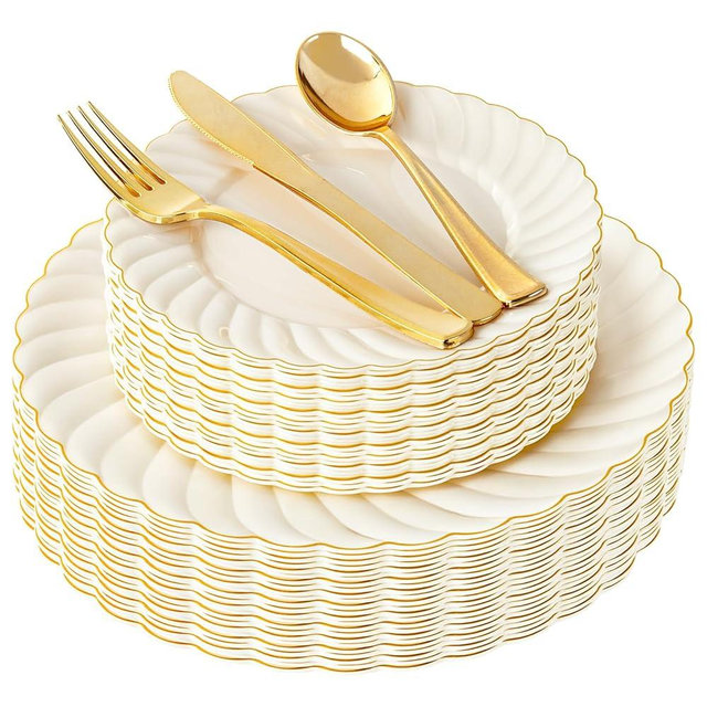 YOUBET 125PCS Scalloped Plastic Plates - Ivory Scalloped Disposable Plates - Gold Plastic Dinnerware Set Include 50 Plates, 75 Gold Silverware for Party & Wedding