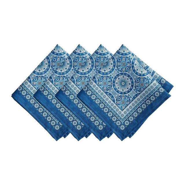 Elrene Home Fashions Vietri Medallion Blue Coastal Block Print Stain & Water Resistant Indoor/Outdoor Cloth Dinner Napkins, Set of 4, 17"x17"
