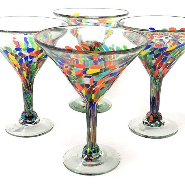 Mexican Hand Blown Glass – Set of 4 Hand Blown Modern Margarita Glasses - Confetti Carmen (12 oz)