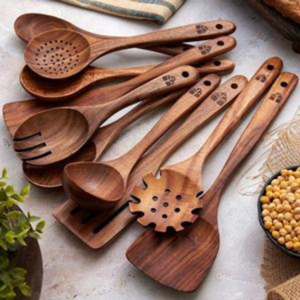 10 Pcs Teak Wood Utensil Set