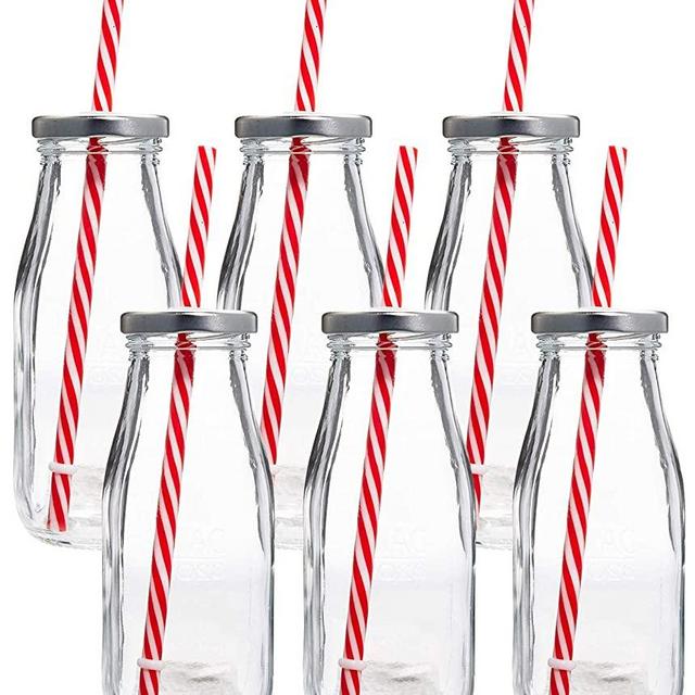 Estilo Dairy Reusable Glass Milk Bottles with Straws and Metal Screw on Lids (Set of 6), 10.5 oz, Clear
