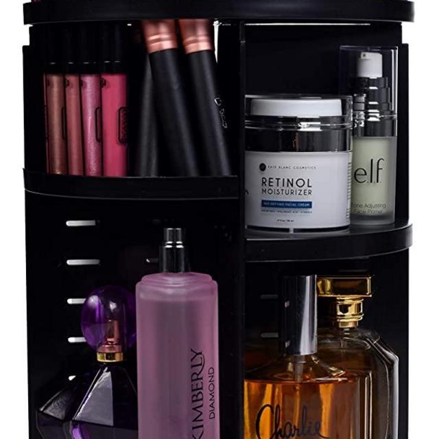 360 Rotating Makeup Organizer - Adjustable Shelf Height and Fully Rotatable. The Perfect Cosmetic Organizer for Bedroom Dresser or Vanity Countertop. (Black)