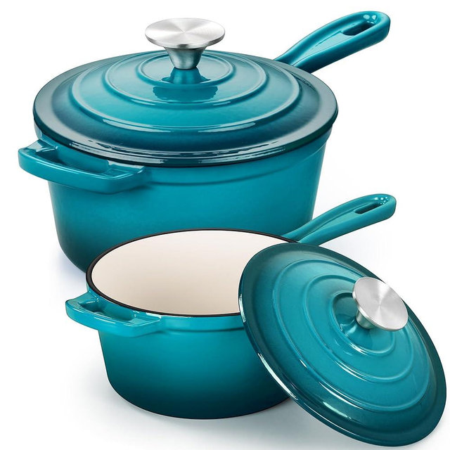 E-far Sauce Pan Set with Lid, 1Qt & 2Qt Enameled Cast Iron Pot Sets for Kitchen Cooking, Small Heavy Duty Dutch Oven Saucepans & Self-basting Lids, Induction-Ready & Easy Clean, Green