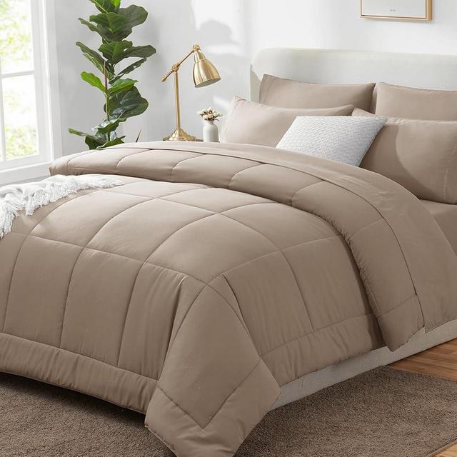 CozyLux Queen Comforter Set Khaki, 7 Pieces Bed in a Bag, Khaki Comforter Queen Size, All Season Bedding Sets with Stitch Quilted Comforter, Flat Sheet, Fitted Sheet, Pillowcases