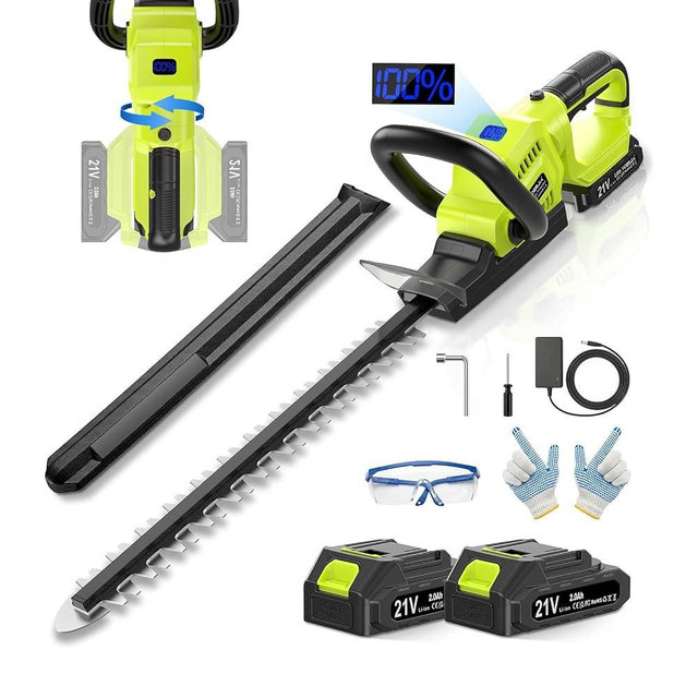 VOERJIA 21V Lightweight Cordless Hedge Trimmer & Clippers, 20" Electric Bush Trimmer with 2 X 2.0Ah Batteries, LCD Display, 180° Rotating Handle, Dual-Action Blade, 2/3" Blade Gap for Shrub and Hedge